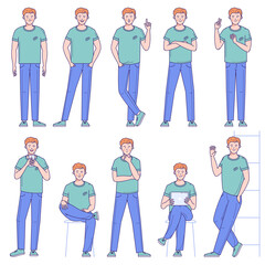 Flat design vector collection ready to animation casual style young man poses and activityes for web page and mobile app.