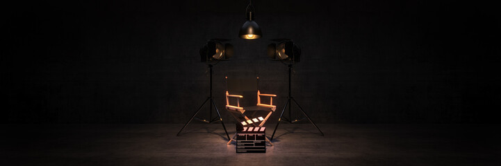 Video, movie, cinema concept. Director's chair and movie clapper. 3d rendering