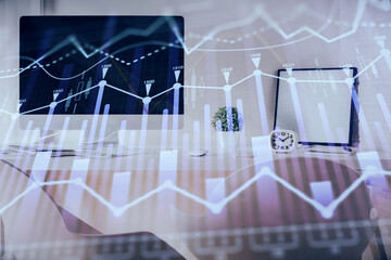 Multi exposure of stock market chart drawing and office interior background. Concept of financial...