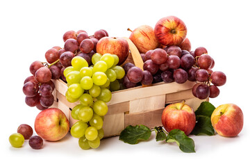 Green and pink grapes and apples in a basket on a white background
