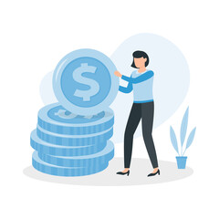 Woman is standing near a big coin money. Earning, saving and investing money concept.