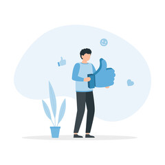 Man holds big thumbs up sign. Successful social media marketing concept.