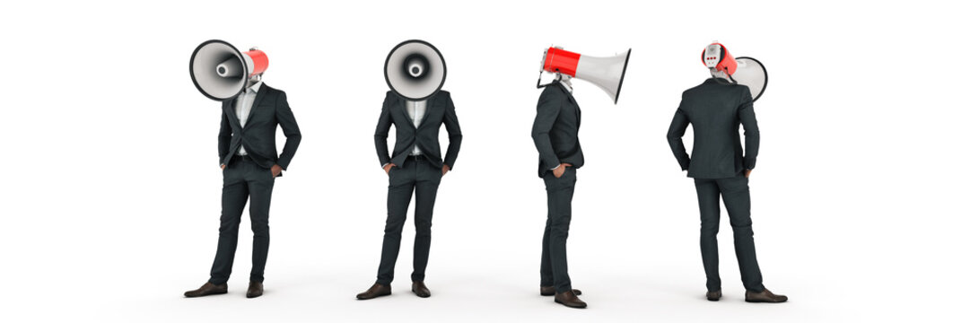 businessman with a megaphone instead of his head. 3d rendering