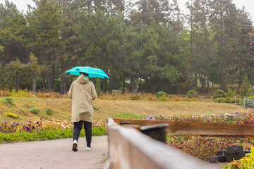 A woman in a beige coat walks around the autumn garden under a green umbrella on a rainy day.