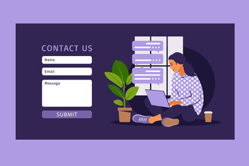 Contact us form template for web and Landing page. Female customer talking with client. Online customer support, help desk concept and call center. Vector illustration in flat.