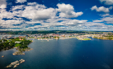 Drone view of Kristiansand and Kvadraturen from Oderoya, Norway