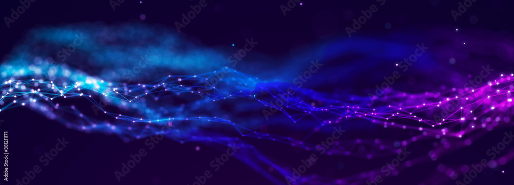 Poster Futuristic wave on dark background. Colored pattern of connection dots. Big data. Technology or Science Banner. 3D