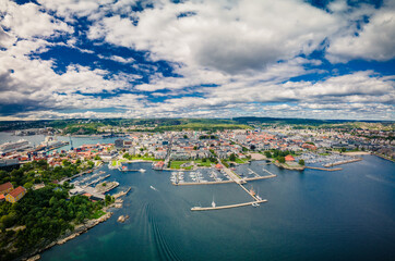Drone view of Kristiansand and Kvadraturen from Oderoya, Norway