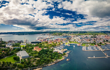 Drone view of Kristiansand and Kvadraturen from Oderoya, Norway