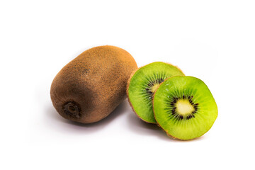 Fototapeta na wymiar Kiwi and cutaway with a slice beautiful composition on a white isolated background