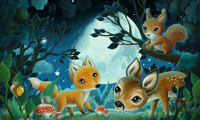 cartoon scene with forest animals by night squirrel fox owl deer - illustration