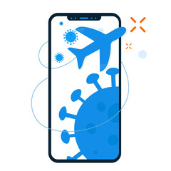 Concept mobile with molecules coronavirus inside the phone. There is a flying plane nearby.