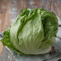 A whole head of iceberg cabbage on a wooden kitchen table with a cotton towel on it