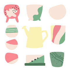 Set of Cute Colorful Flower Pots. Boho style. Vector design for stikers, greeting cards, stationery​ and posters. Hand drawn. Scandinavian style.