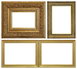 Set of golden frames for paintings, mirrors or photo isolated on white background