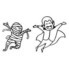 Halloween vampire icon on white isolated backdrop. Happy mummy for invitation or gift card, notebook, bath tile, scrapbook. Phone case or cloth print art. Doodle style stock vector illustration