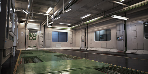 Futuristic sci fi background of an empty room with accent lighting . 3d rendering © Digital Storm