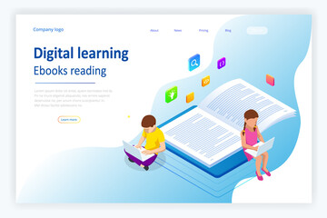 E-learning, Online Education at Home. Isometric concept for Digital Reading, E-classroom Textbook, Modern Education, Online Training and Course, Audio Tutorial, Distance Education, Ebook and Students