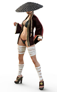 Fantasy female warrior dressed in a sexy cloak outfit with hand and leg wraps and coolie hat with brown pigtails hairstyle posing in a fighting stance . 3d rendering on a white background