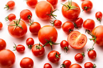 Tomatoes with sepals of different sizes on a white background