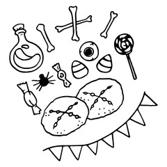 Halloween candy icon set on white isolated backdrop. Spooky face for invitation or gift card, notebook, bath tile, scrapbook. Phone case or cloth print art. Doodle style stock vector illustration