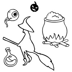 Witch stuff sticker set on white isolated backdrop. Eyeball and cauldron for invitation or gift card, notebook, bath tile, scrapbook. Phone case or cloth print. Doodle style stock vector illustration