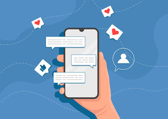 hand holding phone with online messages. Message on the screen. Quick reactions. Flat art