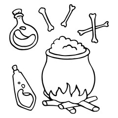 Cauldron and potion bottles on white isolated backdrop. Bones icon for invitation or gift card, notebook, bath tile, scrapbook. Phone case or cloth print art. Doodle style stock vector illustration