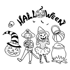 Pumpkin jack in hat on white isolated backdrop. Halloween costumed kids for invitation or gift card, notebook, bath tile, scrapbook. Phone case or cloth print. Doodle style stock vector illustration