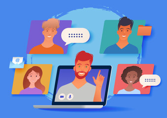 Video call of business group meeting via laptop computer. Remote work. Work from home, Freelance work, Online webinar. Technology concept vector illustration.