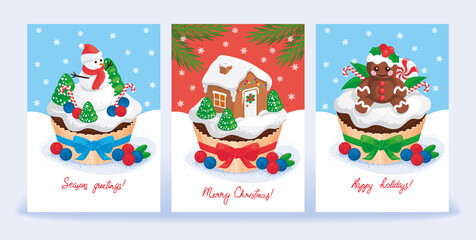 SET OF CHRISTMAS CARD WITH WISHES AND CUPCAKES, DECORATED WITH FIGURES OF SNOWMAN, GINGERBREAD HOUSE, GINGERBREAD MAN, CREAM, BERRIES. VECTOR ILLUSTRATION IN CARTOON STYLE, POSTER, BANNER, INVITATION