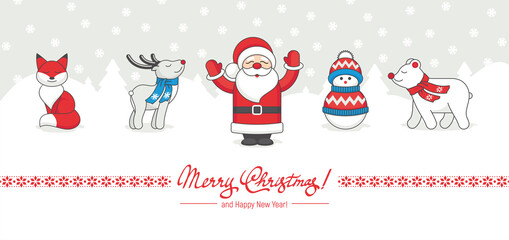 Christmas card with characters Santa, deer, bear, snowman, fox on a snowy landscape with congratulations. Vector illustration, background, banner
