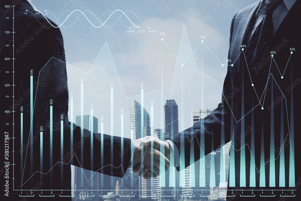 Poster double exposure of forex graph hologram and handshake of two men. stock market concept.
