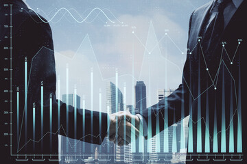 Double exposure of forex graph hologram and handshake of two men. Stock market concept.