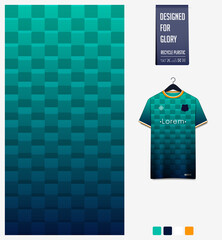 square pattern on blue gradient background for soccer jersey, football kit, bicycle, e-sport, basketball, sports uniform, t-shirt mockup template. Fabric textile design. Abstract sport background