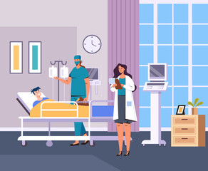 Patient character laying bed and doctors giving consultation. Emergency medicine hospital room concept. Vector flat graphic design illustration