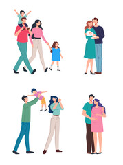 Fototapeta na wymiar Happy family mother father and children walking isolated set. Vector flat graphic design illustration