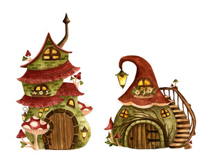 Set of gnome houses. Watercolor hand drawn