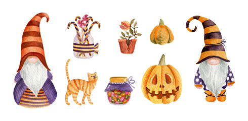 Set of Halloween elements. Pumpkins, gnomes, cat, sweets. Watercolor hand drawn