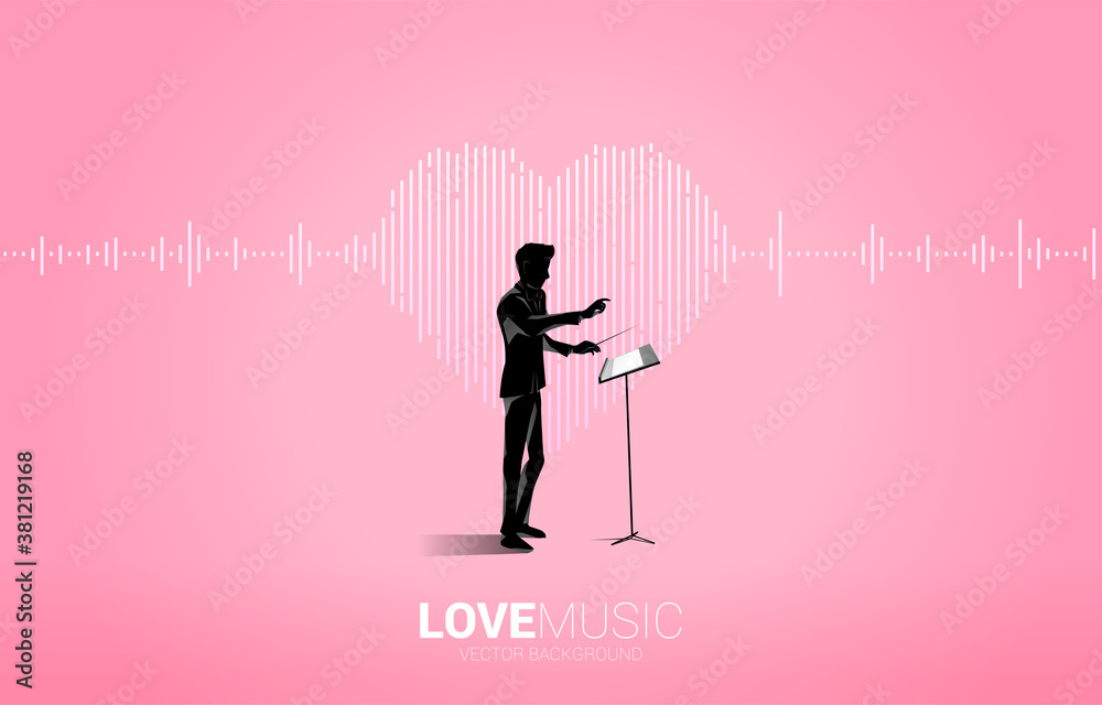 Poster vector silhouette of conductor with sound wave heart icon music equalizer background. love song musi