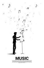 Vector silhouette of conductor standing with flying music note . Concept background for orchestra concert and recreation. © Panithan