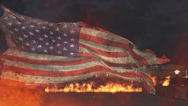 Battered American Flag Flying in Flames Capitol Building 4K Loop features a battered American flag flapping in the wind with flames all around and the Capitol Building in the background in a loop