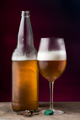 Botella de cerveza artesanal con copa 