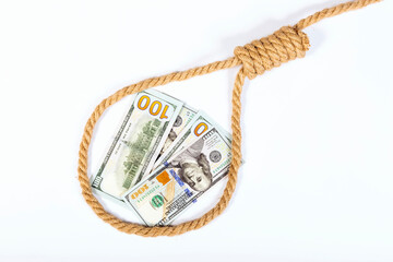 Paper money in a loop, American national currency one hundred dollars, on a white background