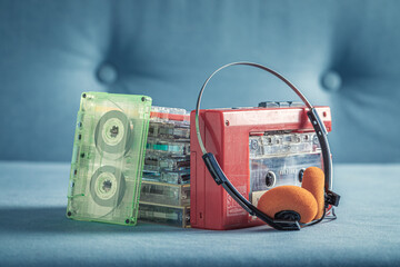 Antique audio cassette with player and headphones