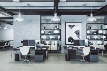 Modern loft office interior with computers