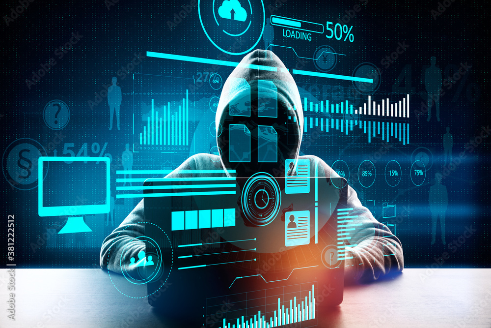 Poster Hacker at desktop using laptop with abstract forex and big data interface