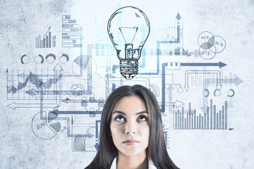 Businesswoman with drawing light bulb and business sketch
