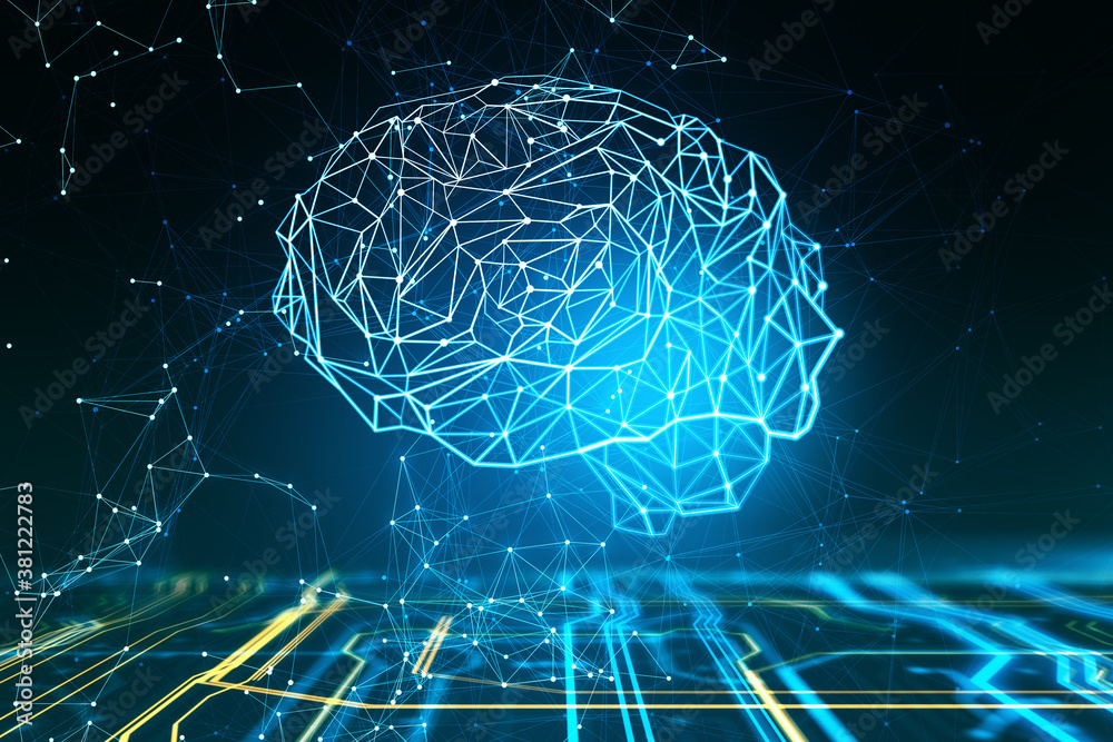 Poster digital glowing polygonal brain interface