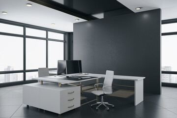 Contemporary coworking office interior with furniture and city view.
